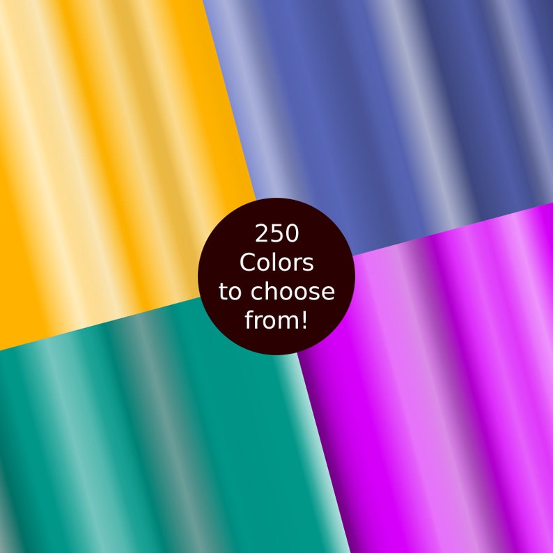May include: A graphic with four squares of different colors: yellow, teal, purple, and blue. The squares are arranged in a diagonal pattern. The text "250 Colors to choose from!" is in a black circle in the center of the graphic.