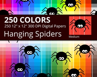 Halloween Hanging Spiders Digital Paper Pack, 250 Colors Halloween Digital Paper Spider Pattern, Medium Spiders Digital Background