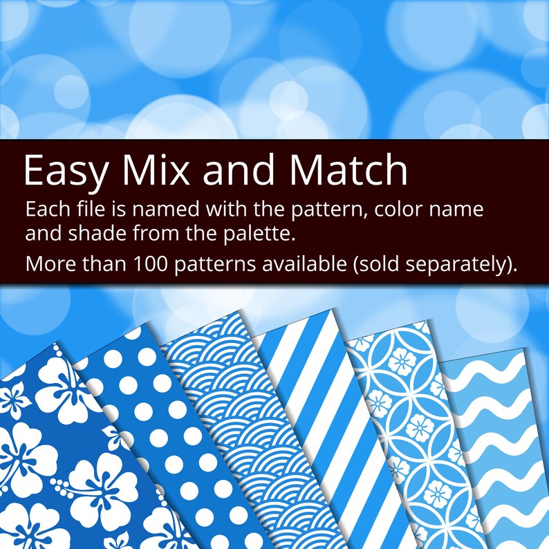 May include: A collection of six digital paper patterns in blue and white. The patterns include hibiscus flowers, polka dots, waves, stripes, and geometric designs. Easy Mix and Match. Each file is named with the pattern, color name and shade from the palette. More than 100 patterns available (sold separately).