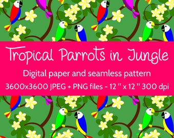 Tropical Parrots in Jungle Digital Paper and seamless pattern to create a jungle background and for scrapbooking projects