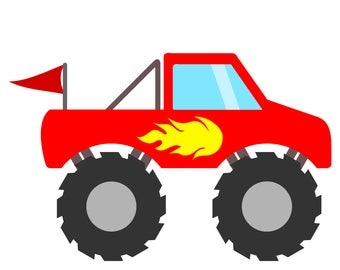 Red Monster Truck SVG File with Flames and Flag to make Monster Truck birthday party invites, shirts and gifts