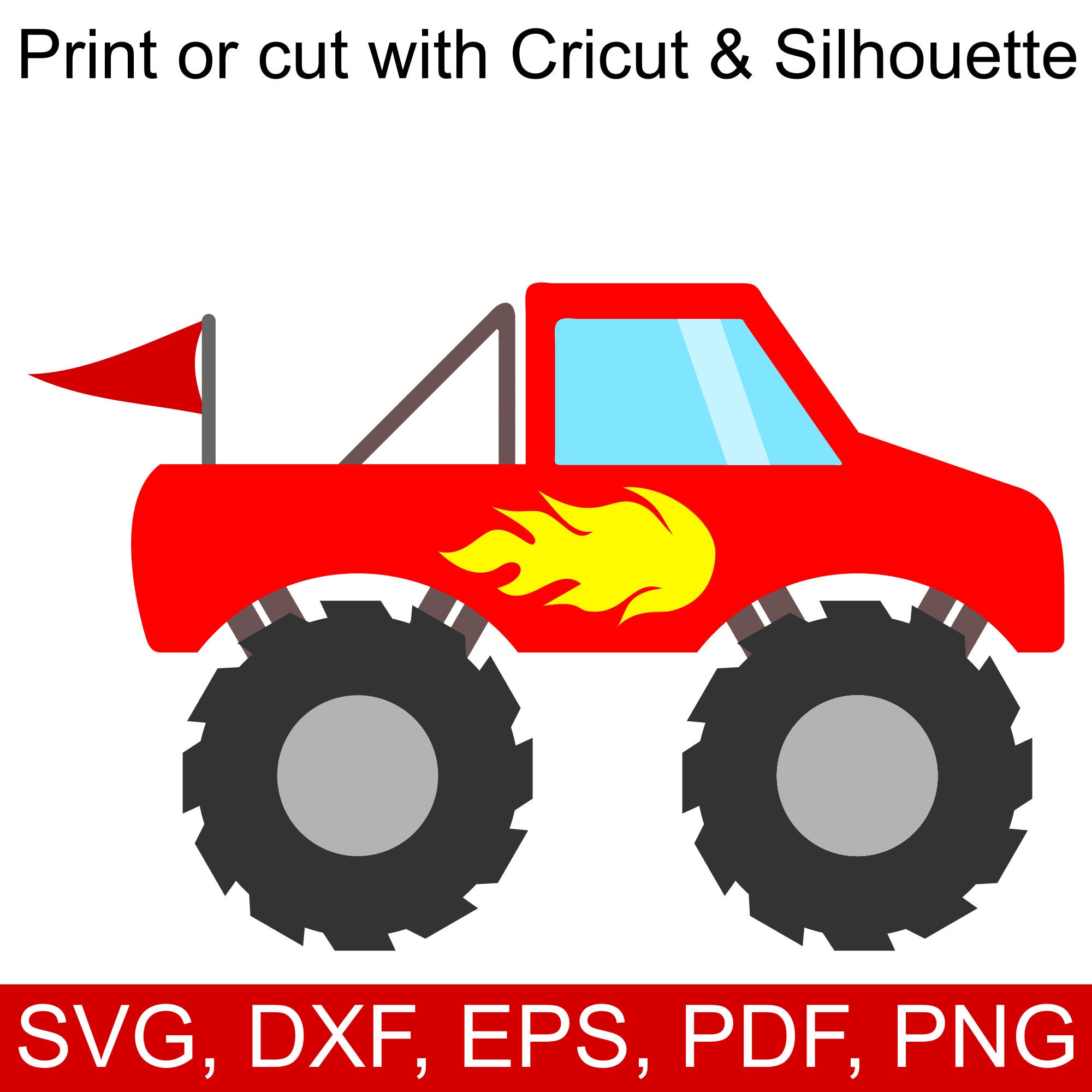 Download Red Monster Truck Svg File With Flames And Flag Monster Truck Etsy