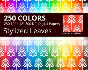 Vintage Stylized Leaves Digital Paper Pack, 250 Colors Digital Paper Leaves Scrapbook Paper, Rainbow Medium White Vintage Leaf Pattern