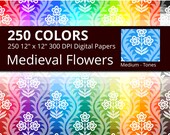 Medieval Flowers Digital Paper Pack, 250 Colors Old Vintage Digital Paper Flower in Rainbow Colors, 3 Tones Victorian Floral Pattern