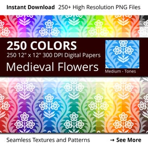 May include: 250 digital papers featuring a medieval flower design in various colors. The papers are 12 inches by 12 inches and 300 DPI. Seamless textures and patterns.