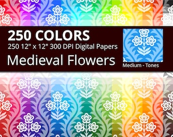 Medieval Flowers Digital Paper Pack, 250 Colors Old Vintage Digital Paper Flower in Rainbow Colors, 3 Tones Victorian Floral Pattern