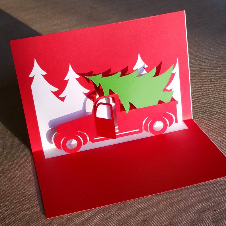Mall för popup-kort med jullastbil, SVG och PDF för Cricut, silhuett eller handskuret, DIY popup-julkort, kirigami-design för julgran bild 5