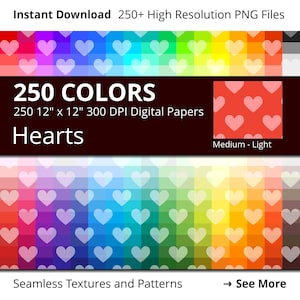 Tinted Hearts Digital Paper Pack, 250 Colors Digital Paper Heart Scrapbooking Paper Download, Rainbow Colors Medium Light Hearts Pattern