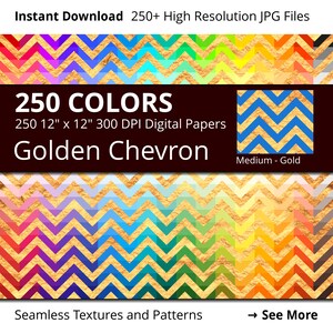 Chevron Gold Digital Paper Pack, 250 Colors Digital Paper Golden Chevrons Scrapbooking Paper, Rainbow Colors Gold Chevron Background
