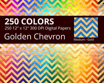 250 Golden Chevron Digital Paper Pack with 250 Colors, Rainbow Colors Gold Chevron Pattern Digital Scrapbooking Paper