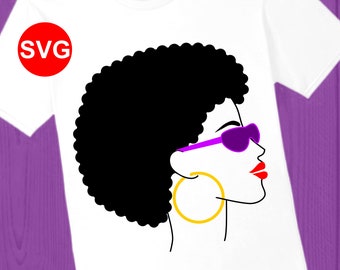 Afro Woman SVG file with shades, hoop earring , bright lipstick, and funky afro hair printable clipart and SVG for Cricut and Silhouette