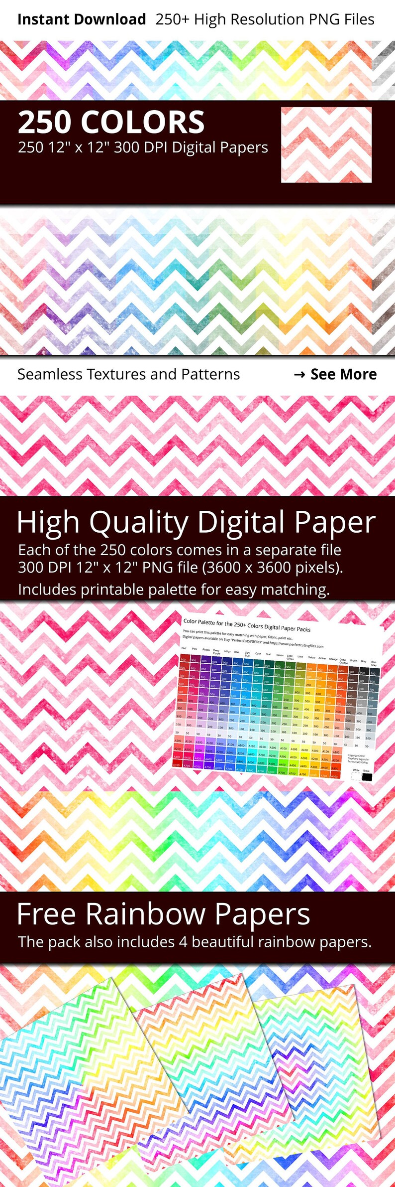 Może przedstawiać: 250 cyfrowych papier&oacute;w z wzorem chevron w r&oacute;żnych kolorach. Każdy papier ma rozmiar 30,48 cm x 30,48 cm i 300 DPI. Pakiet zawiera r&oacute;wnież 4 tęczowe papiery z chevronem.