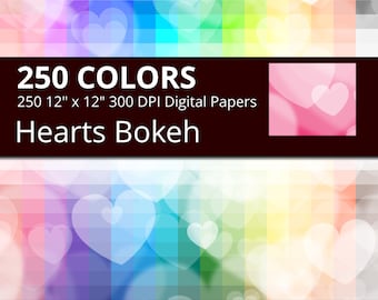 Hearts Bokeh Digital Paper Pack, 250 Colors Bokeh Heart Digital Paper Bokeh Hearts Background, Digital Hearts Backdrop, Seamless Love