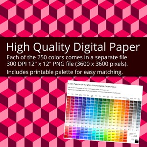Puede incluir: Un paquete de papel digital con 250 colores, cada color est&aacute; disponible en un archivo PNG separado de 12" x 12" 300 DPI. La imagen muestra una paleta de colores con una variedad de colores, incluyendo rojo, naranja, amarillo, verde, azul, &iacute;ndigo, violeta, rosa, morado, marr&oacute;n, gris y negro.