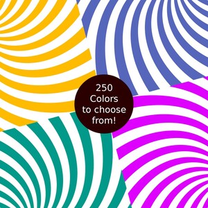 May include: Abstract design with four sections of swirling white and coloured stripes. The colours are yellow, blue, pink, and green. The centre of the design has a black circle with the text "250 Colours to choose from!"