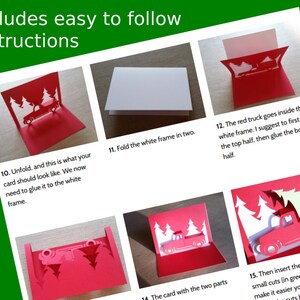 Mall för popup-kort med jullastbil, SVG och PDF för Cricut, silhuett eller handskuret, DIY popup-julkort, kirigami-design för julgran bild 3