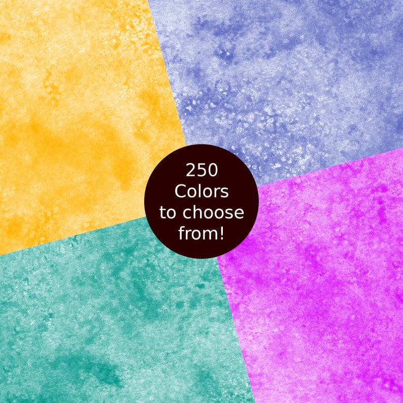 May include: A colorful image with four squares of yellow, blue, green, and purple. The squares are textured and look like watercolor paint. In the center of the image is a black circle with white text that says "250 Colors to choose from!"