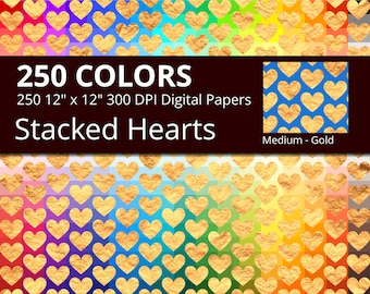 250 Golden Stacked Hearts Digital Paper Pack with 250 Colors, Rainbow Colors Stacked Gold Heart Pattern Digital Scrapbooking Paper