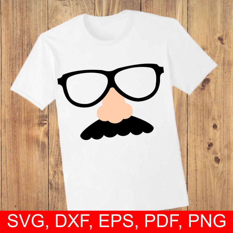May include: A white t-shirt with a black mustache, a fake nose, and glasses printed on the front.