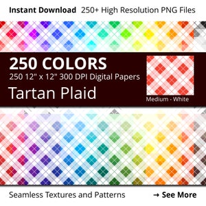 White Tartan Plaid Digital Paper Pack, 250 Colors White Tartan Plaid Scrapbooking Paper Download, Medium White Tartan Plaid Background