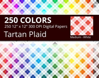 White Tartan Plaid Digital Paper Pack, 250 Colors White Tartan Plaid Scrapbooking Paper Download, Medium White Tartan Plaid Background