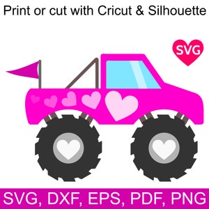 Pink Monster Truck SVG Datei für Cricut, Love Monster Truck für Mädchen SVG Design, Mädchen Monster Truck Clipart, Monster Truck with Hearts svg