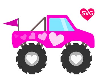 Pink Monster Truck SVG file with hearts to make shirts, invitations and gifts for girls who love Monster Trucks