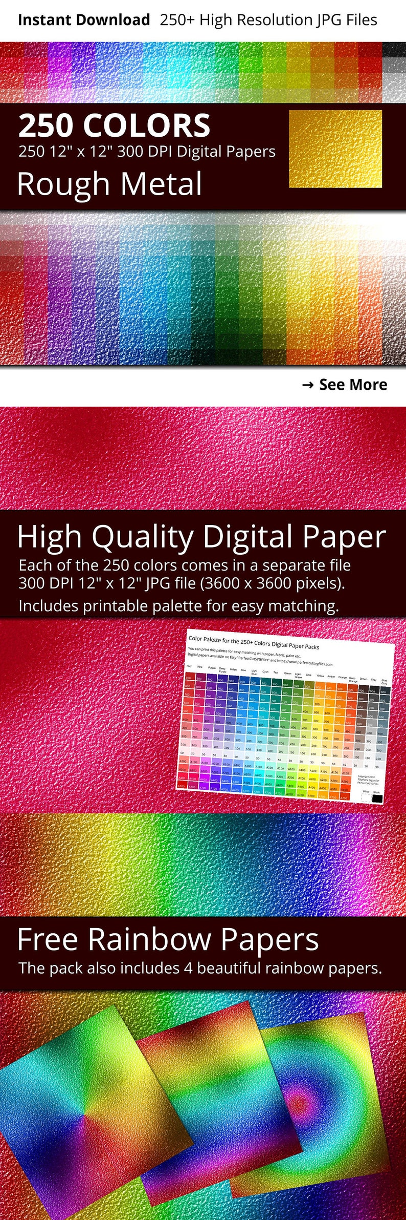 Rough Metal Digital Paper Pack, 250 Colors Metallic Texture Digital Paper Metal Background, Rainbow Textured Glitter Metal Foil Pattern image 7