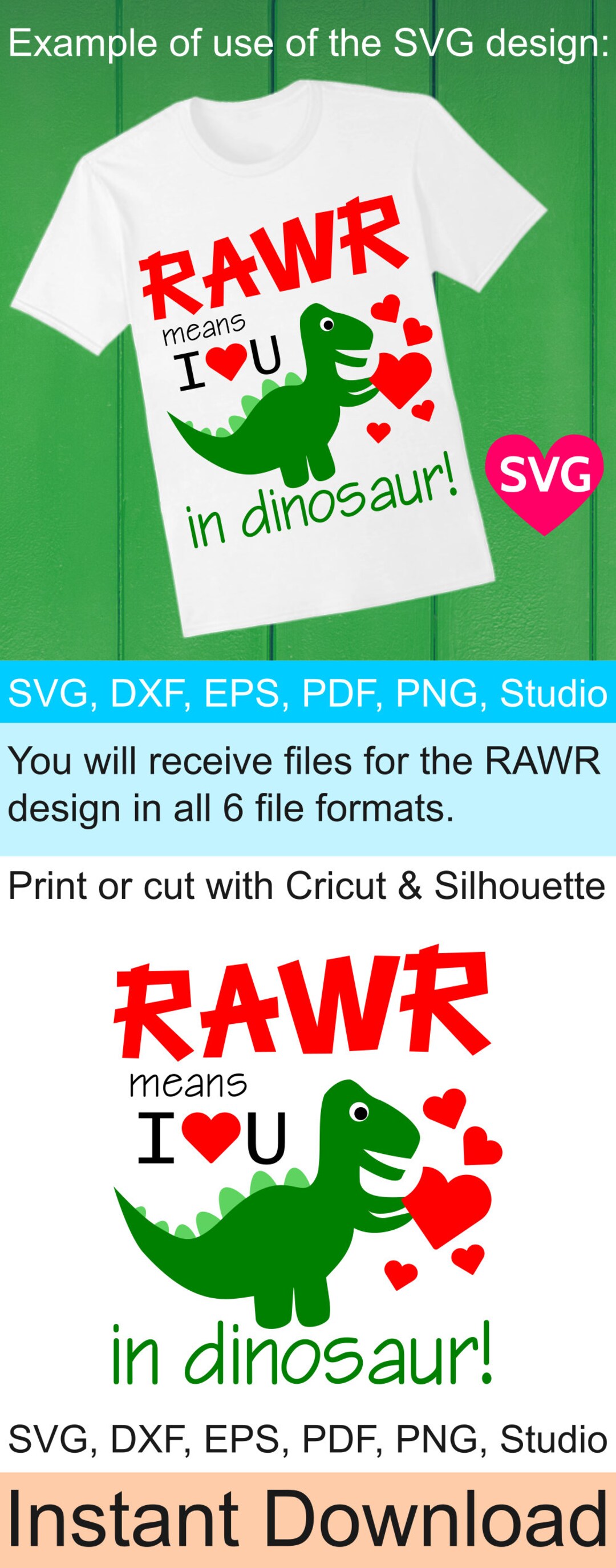 Valentine SVG Rawr Means I Love You in Dinosaur SVG File for Cricut ...