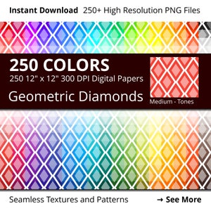 Geometric Diamonds Digital Paper Pack, 250 Colors Geometric Digital Paper Diamond Pattern in Rainbow Colors, 2 Tones Diamond Background