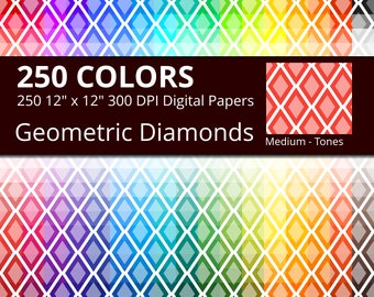 Geometric Diamonds Digital Paper Pack, 250 Colors Geometric Digital Paper Diamond Pattern in Rainbow Colors, 2 Tones Diamond Background