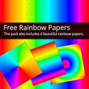 Puede incluir: Cuatro dise&ntilde;os de papel digital con degradados de arco&iacute;ris. Los papeles incluyen un degradado radial, un degradado lineal, un degradado a rayas y un degradado con un patr&oacute;n de cuadr&iacute;cula. El texto "Free Rainbow Papers" se muestra encima de los papeles. El texto "The pack also includes 4 beautiful rainbow papers." se muestra debajo de los papeles.