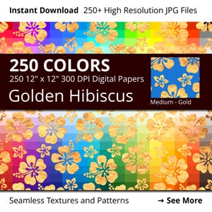 Hibiscus Flowers Gold Digital Paper Pack, Rainbow Colors Digital Paper Gold Hibiscus Hawaiian Pattern, Floral Digital Papers Summer Gold