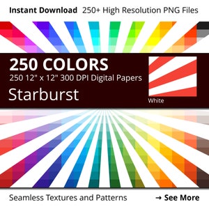 White Starburst Digital Paper Pack, 250 Colors Digital Paper Starburst Scrapbooking Paper Download, Rainbow Colors Sunburst Pattern