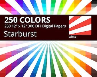 250 White Starburst or Sunburst Digital Paper Pack with 250 Colors, Rainbow Colors White Starburst Sun Rays Pattern Scrapbooking Paper