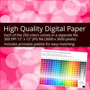 May include: A printable color palette for 250+ digital paper packs. The palette is organized in a grid with color swatches and corresponding hex codes. The text "Color Palette for the 250+ Colors Digital Paper Packs" is at the top of the palette.