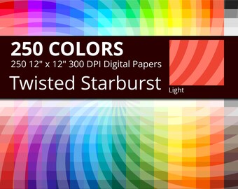 250 Tinted Twisted Starburst, Sunburst Swirl Digital Paper Pack with 250 Colors, Rainbow Twisted Star burst Pattern Scrapbooking Paper