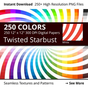 May include: 250 digital papers featuring a twisted starburst design in a range of colours. Each paper is 12 inches by 12 inches and 300 DPI. Seamless textures and patterns.