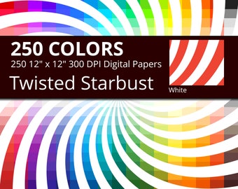 250 Twisted Starburst, Swirl Sunburst Digital Paper Pack with 250 Colors, Rainbow Colors White Twisted Starburst Pattern Scrapbooking Paper