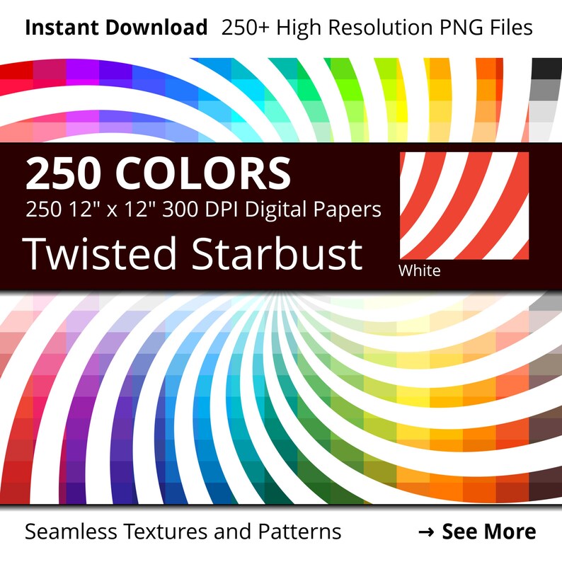 May include: 250 digital papers featuring a twisted starburst design in a range of colours. Each paper is 12 inches by 12 inches and 300 DPI. Seamless textures and patterns.