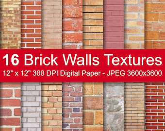 16 Brick Walls Textures Digital Paper Pack with New, Old and Vintage Bricks in Brown, Orange, Red and White Walls