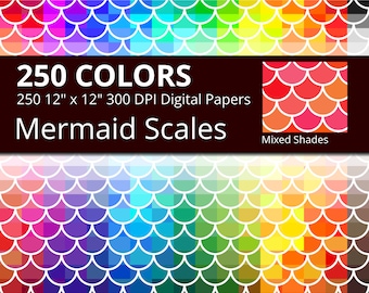 Mermaid Scales Digital Paper Pack, 250 Colors Mixed Shades Mermaid Scales Scrapbooking Paper Download, Rainbow Colors Fish Scales Paper