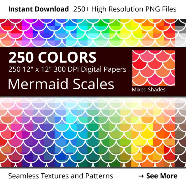Mermaid Scales Digital Paper Pack, 250 Colors Mixed Shades Mermaid Scales Scrapbooking Paper Download, Rainbow Colors Fish Scales Paper