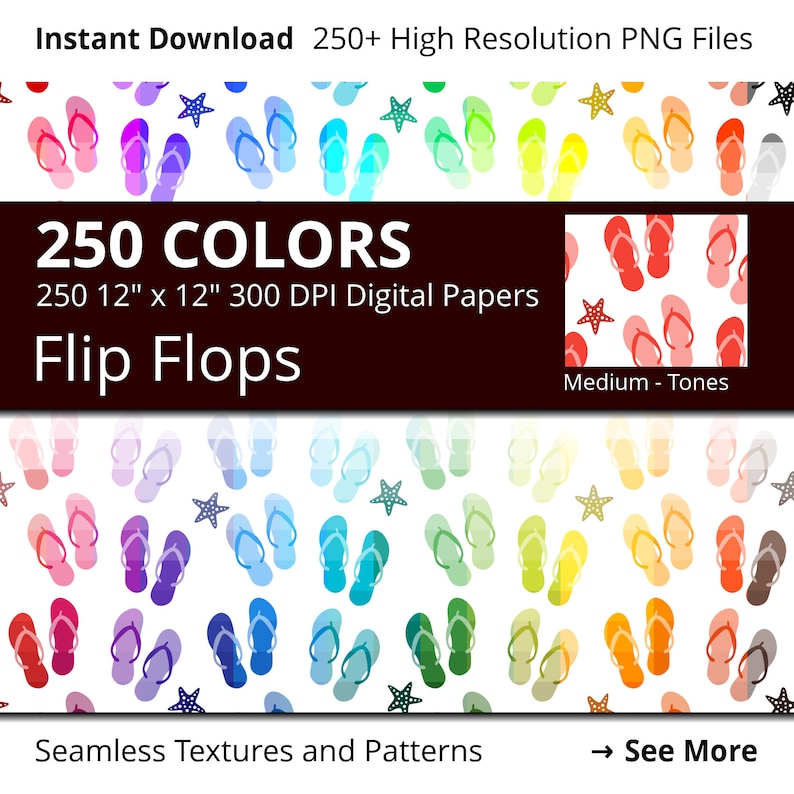 May include: 250 digital papers featuring colourful flip flops and starfish on a white background. The papers are 12 inches by 12 inches and 300 DPI.
