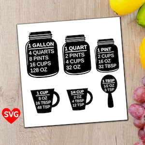 May include: Black and white SVG cut file with measurements for a gallon, quart, pint, cup, and tablespoon. The measurements are in ounces, cups, pints, quarts, and tablespoons.