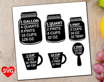 Measuring Cups SVG file, a printable Kitchen Conversion Chart Cheat Sheet to easily convert gallons, quarts, pints, cups, ounces and spoons