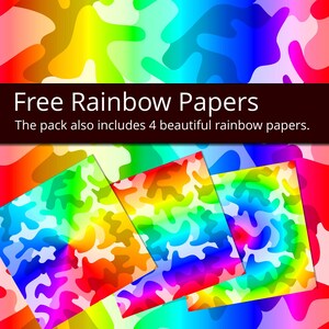 May include: Four digital papers with a rainbow camouflage pattern. The pack also includes 4 beautiful rainbow papers.