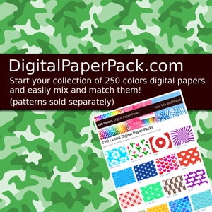 May include: Digital Paper Pack website with a green camouflage background. The website offers 250 colors of digital papers that can be easily mixed and matched. The website also features a variety of patterns, including flowers, stars, hearts, and stripes.