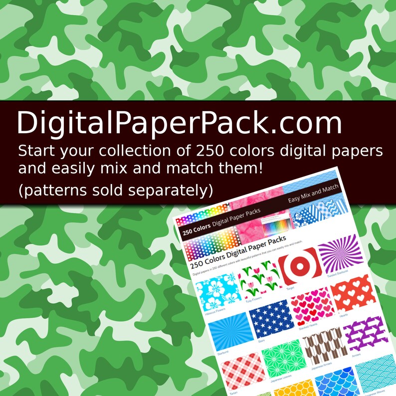 May include: Digital Paper Pack website with a green camouflage background. The website offers 250 colors of digital papers that can be easily mixed and matched. The website also features a variety of patterns, including flowers, stars, hearts, and stripes.