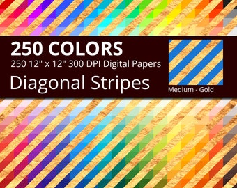 250 Golden Diagonal Stripes Digital Paper Pack with 250 Colors, Rainbow Colors Gold Diagonal Stripes Pattern Digital Scrapbooking Paper